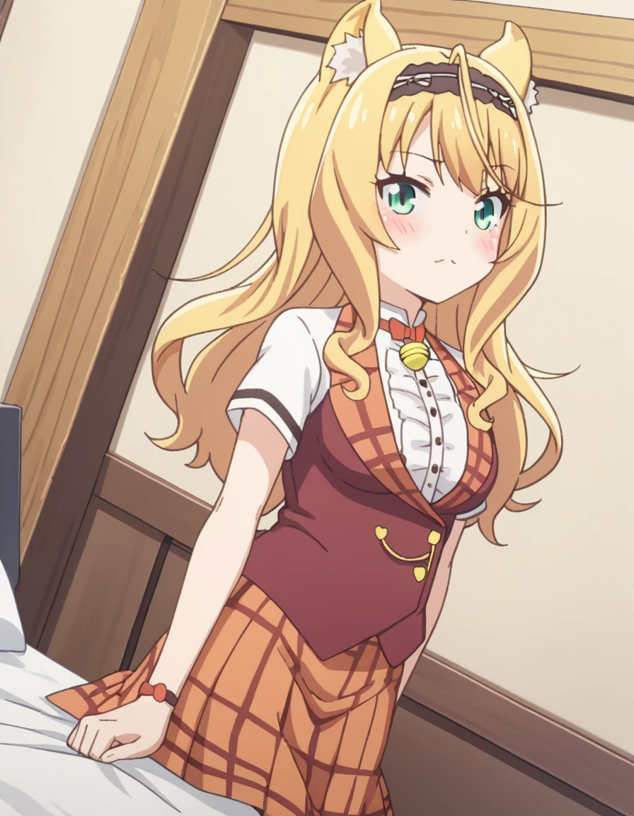 score_9, score_8_up, score_7_up, source_anime,
nekoparamaple, <lora:nekopara-maple-s1-ponyxl-lora-nochekaiser:1>,
maple, long hair, blonde hair, animal ears, green eyes, ahoge, cat ears, animal ear fluff, cat girl,
skirt, shirt, school uniform, white shirt, short sleeves, pleated skirt, hairband, vest, plaid, bell, plaid skirt, jingle bell, neck bell, orange skirt,
indoors, bed, bed room, on side, blush, drunk,
looking at viewer, solo, cowboy shot, dutch angle,