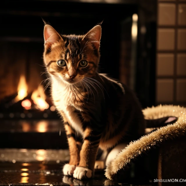 a low light photo of a young kitten, cat, feline, detailed fur, glamor photography, looking at viewer, dark, dark room, night, fireplace, sleepy expression,  4k high quality, sharp focus, high resolution, depth of field, indoors, studio lighting, wet, shower, rain, water droplets,  <lora:sinfulxxx:0.7>