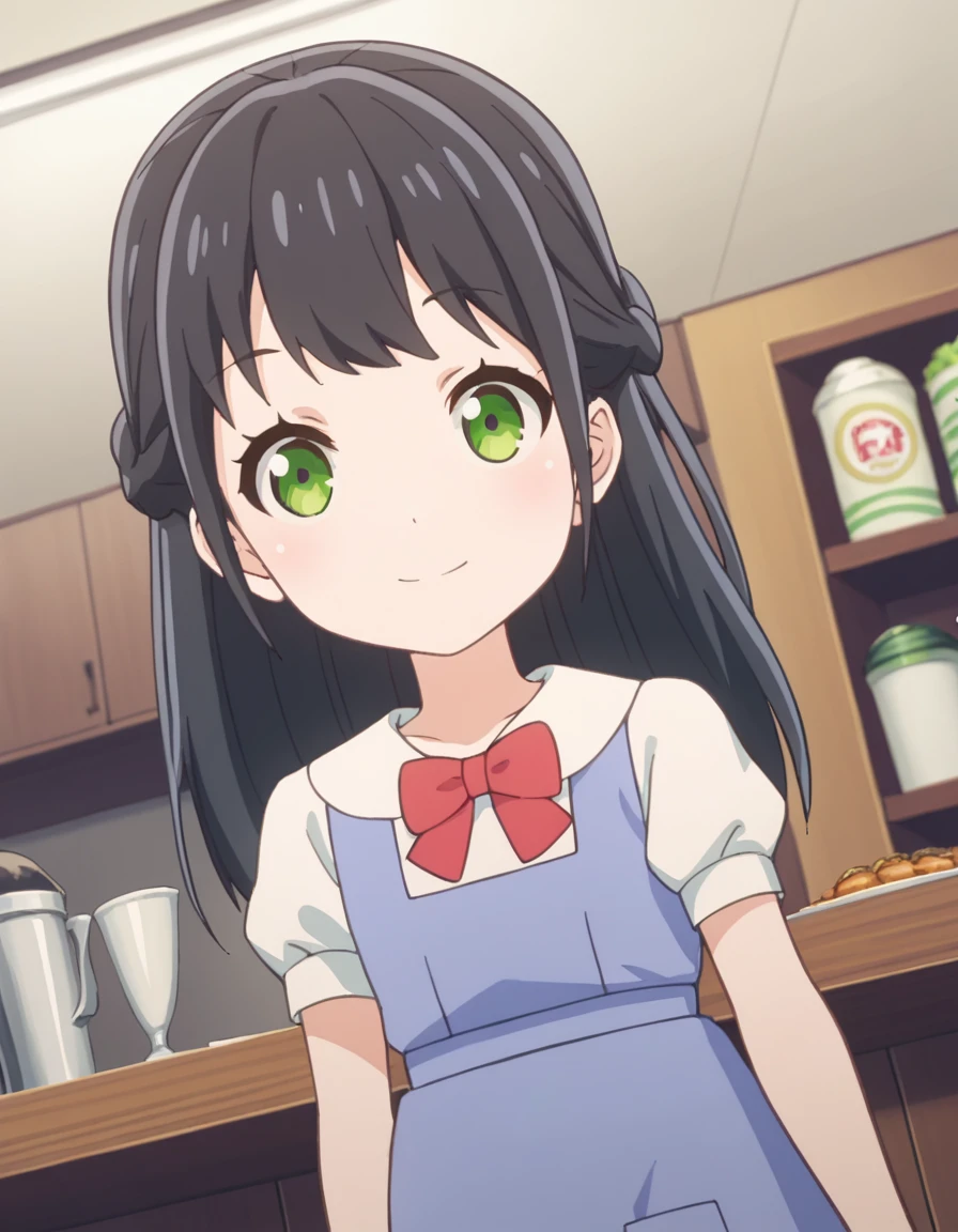 score_9, score_8_up, score_7_up, source_anime,
nekoparachiyo, <lora:nekopara-chiyo-s1-ponyxl-lora-nochekaiser:1>,
chiyo, long hair, bangs, black hair, green eyes, braid,
shirt, dress, bow, white shirt, short sleeves, sleeveless, puffy sleeves, bowtie, red bow, puffy short sleeves, sleeveless dress, blue dress, red bowtie, pinafore dress,
indoors, cafe, smile,
looking at viewer, solo, cowboy shot, dutch angle,