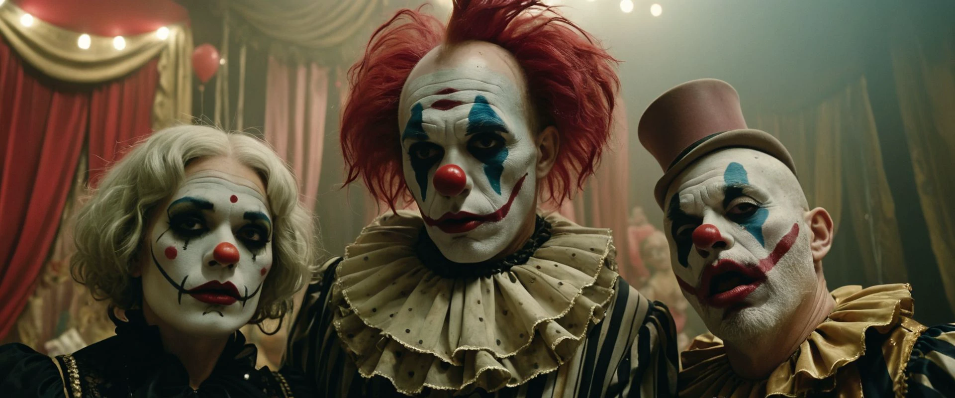 the show is over, ultra closeup filmgrab portrait of a couple of old freaky clowns with intricate circus make-up alone with themselves, selfie, intimistic, The faces should be half-smile or sad, empathic, beared unshaved, loosy faded colored wig, (partial peeled and destroyed plaster heavy make-up with dripping stains:1.3), intricate textures, dirty clothes with floral patterns, decayed, out of time, sense of nostalghia, laced embroideries, intricate layered shattered messy and melty make-up by tears, shadow eyes, The forgotten garden in 'Melancholy Mists', enveloped by gentle, melancholic layers of magical particles fog, evoking the introspective beauty of memories past in the delicate unfurling rose tendrils, intricate dark circus toys cabaret background with a lot of creepy dolls and toys, unsettling, film grain, grain, analog, cinematic, dramatic lighting, rim lighting, realistic, lowkey lighting, (dutch angle style:1.2), high budget, movie still, candide camera, banality, minimalism, negative space, dark red lighting