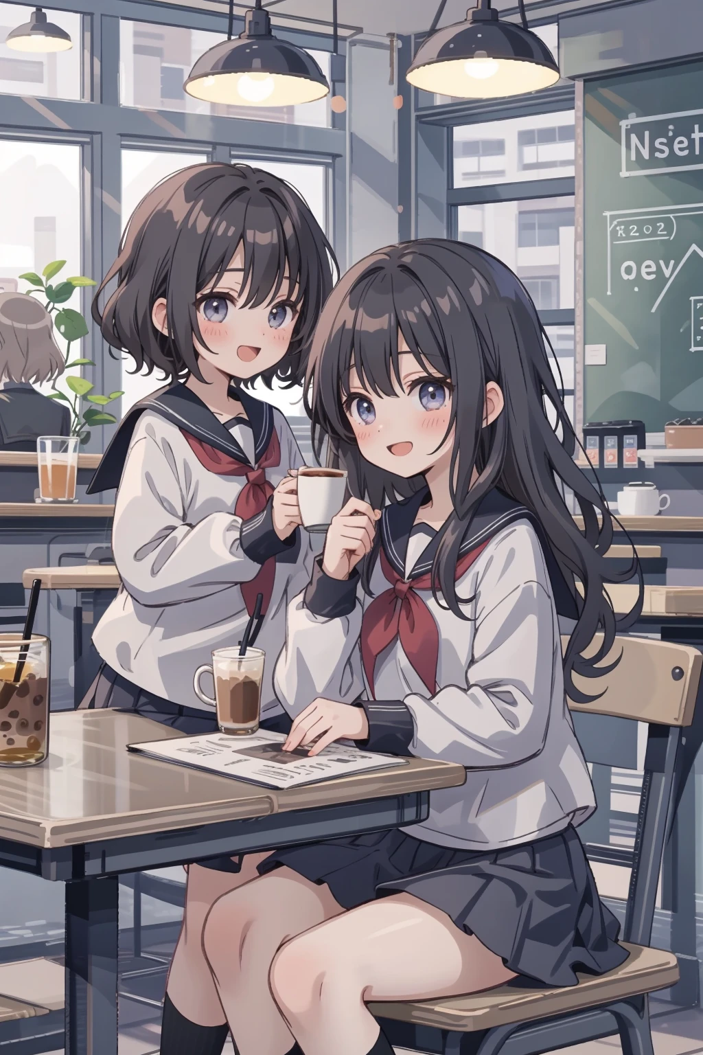 2 girls at coffee shop , sitting, school uniform, joyful talking, (anime)