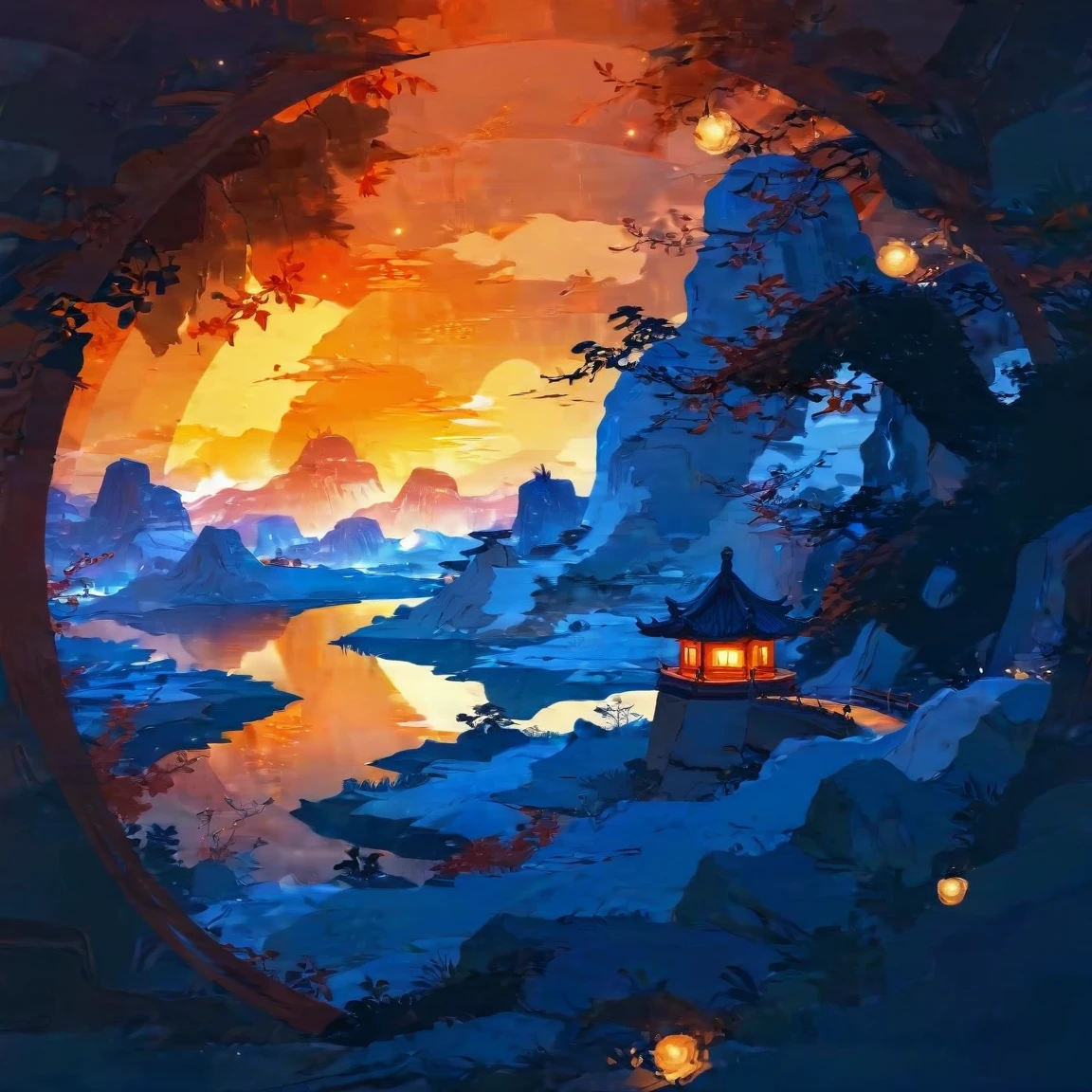 SoraSleepAI,  <lora:sdxl_lightning_8step_lora:1>, masterpiece,  <lora:lora:1.0> Circle, Chinese style, landscape, pixiv, at Dusk