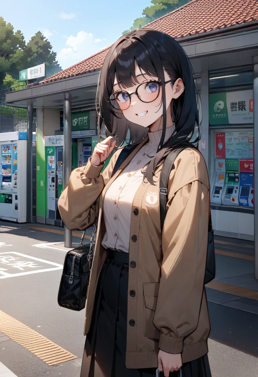 masterpiece, best quality, very aesthetic, absurdres,
1girl, solo, glasses, black hair, long hair, jacket, skirt, black bag, smile, looking at viewer, solo focus,
uguisudani, storefront, scenery, outdoors, sky, day, fence, building, sign, blue sky, real world location, vending machine, shadow, chain-link fence, tree, city
<lora:uguisudani_minami_SDXL_V2:1>