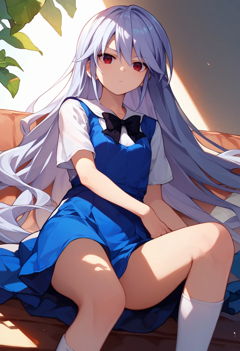 score_9, score_8_up, score_7_up, 1girl, Kazuki, silver hair, long hair, red eyes, white shirt, blue dress, black bow, white knee highs, <lora:Kazuki Dora V2-000008:1>