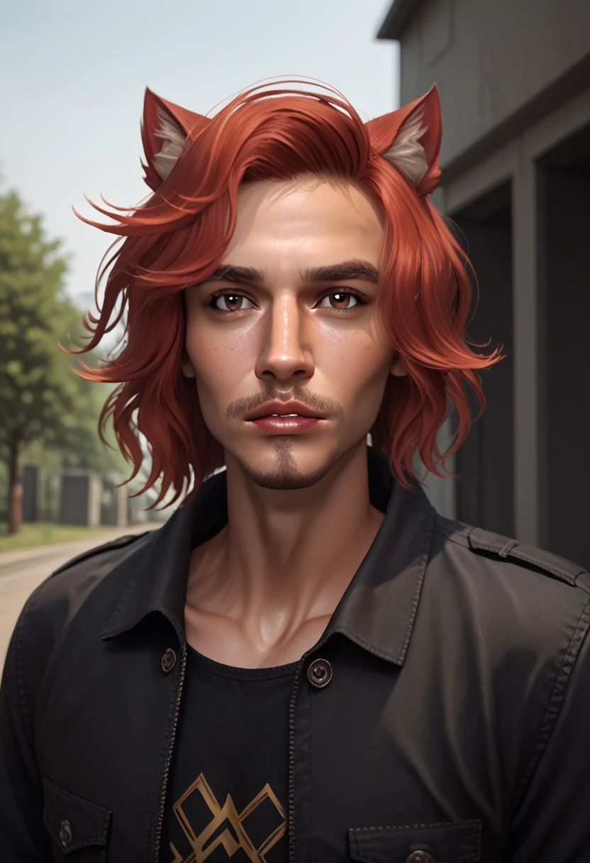 Phoenix Montoya, red hair, brown eyes, animal ear fluff, cat ears, facial hair, stubble, goatee, black shirt, freckles, hispanic, jacket, looking at viewer, male focus, outdoors, parted lips, realistic, shirt, solo, upper body, score_9, score_8_up, score_7_up, score_6_up,