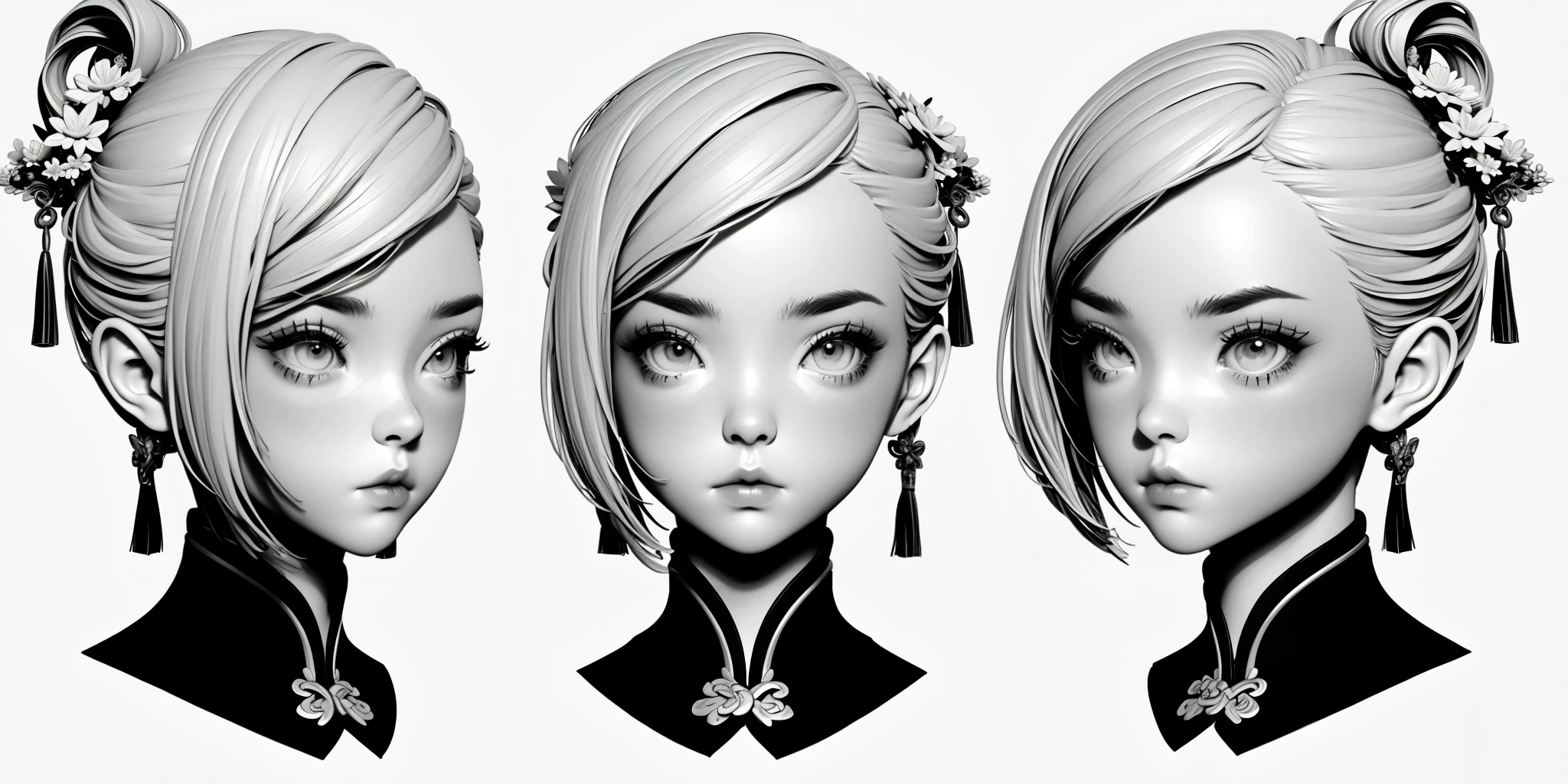 monochrome, HEZI, Three views, modeling, Hair, girl, avatar, 1girl, greyscale, multiple views, hair ornament, earrings, jewelry, closed mouth, hair bun, single hair bun, looking at viewer, simple background, white background, lips, chinese clothes, short hair, bangs, nose, hair stick, portrait, realistic, updo, grey background, eyelashes, swept bangs, flower, tassel, hairpin, expressionless, hair flower<lora:建模头åä¸è§å¾-000008:0.8>,