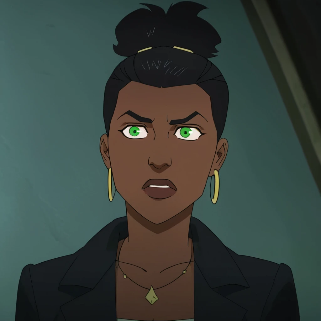 <lora:Invincible (TV series):0.9>
An animated cartoon cinematic motion picture of Amber Bennett a black woman with a ponytail and a black jacket,1girl,solo,short hair,black hair,jewelry,closed mouth,green eyes,earrings,dark skin,black eyes,dark-skinned female,parody,piercing,portrait,very dark skin , cinematic color, detailed background, sharp, dramatic lighting, cinematic lighting, detailed, perfection, perfect, high quality, 8k resolution, Robert Kirkman style, Cory Walker style, animated tv series style, Invincible (TV series) style, Adult animation style, mature animation style