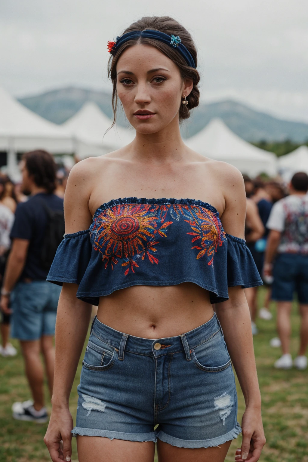 pHyper-realistic female, supermodel dynamic pose, wearing (Bohemian_printed_top:1.5),(Denim_shorts:1.4),(Beaded_headband:1.3),(Music_festival_background:1.4), Her eyes gazed with desire as she faces the camera, The Sheer Lace Bodysuit: Flaunting a lace bodysuit with sheer panels that exude sensuality and elegance, Shot on a Hasselblad H4D 200MS Digital Camera, Mitakon Speedmaster 65mm f/1. 4 XCD <lora:[UK]_-_Jane_Seymour:1> mt-janeseymour, RAW candid cinema, 16mm, color graded portra 400 film, remarkable color, ultra realistic, textured skin, remarkable detailed pupils, realistic dull skin noise, visible skin detail, skin fuzz, dry skin, shot with cinematic camera