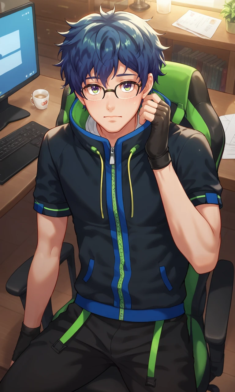 score_9, score_8_up, score_7_up, masterpiece, best quality, lots of details, (close-up:1.2), ((1boy)), Hyunjin, slim, male focus, sitting, in the gaming chair, black gloves, fingerless gloves, black pants, glasses, zipped hoodie, high collar, closed mouth, shaded, detailed shading, detailed skin, shaded skin, realistic shading, looking at viewer, Expressiveh, countershading:1.1, computers, server room, indoors, dim light, <lora:add-detail-xl:0.7>, <lora:Smooth Anime 2 Style SDXL_LoRA_Pony Diffusion V6 XL:0.8>, <lora:Expressive_H:0.7>, <lora:Hyunjin_XL_V10:0.9>