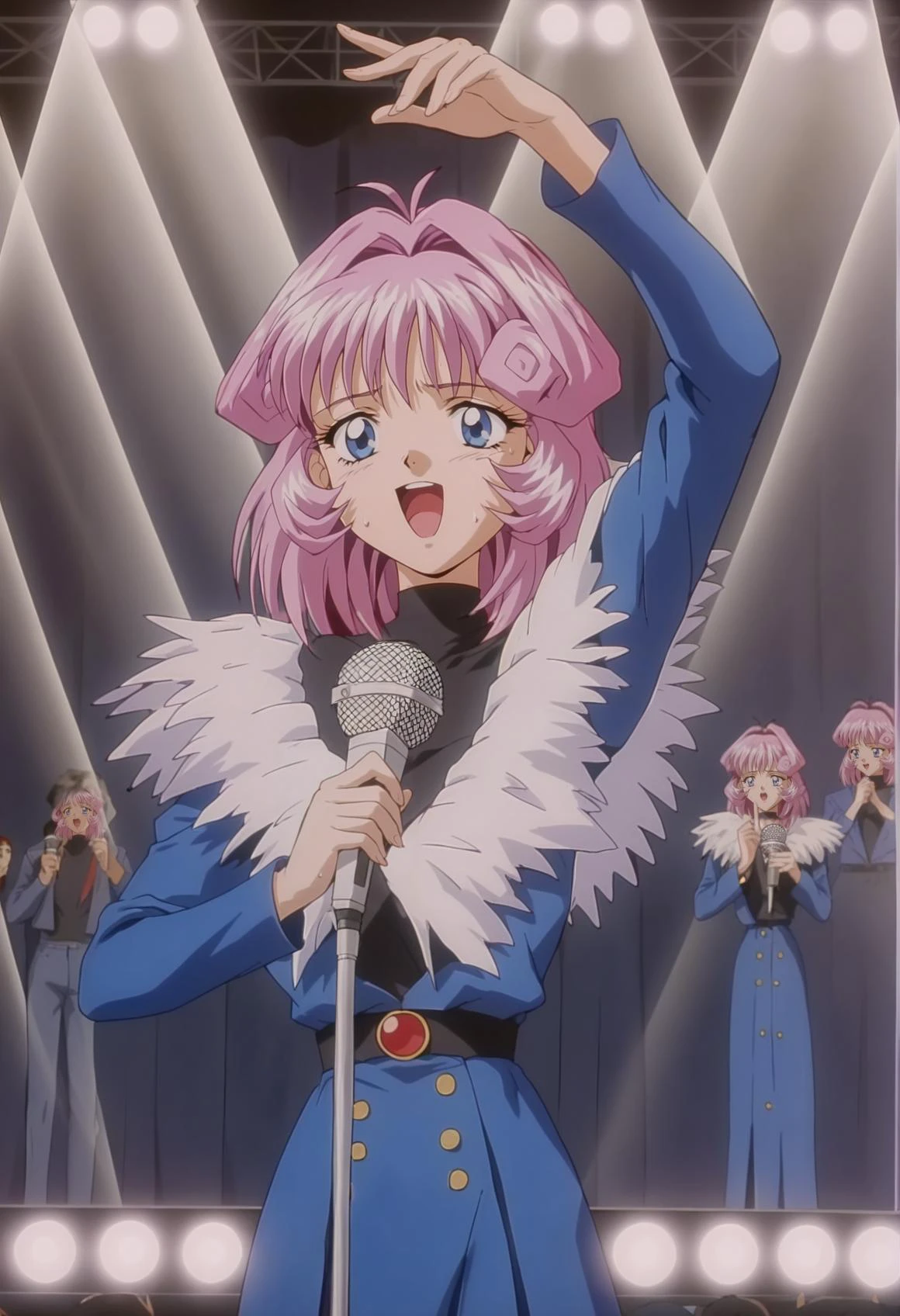 1990s \(style\), 1girl, pink hair, medium hair, blue eyes, black shirt, turtleneck, blue coat, long sleeves, feather trim, cowboy shot, holding microphone, singing, stage, stage lights, glowstick, audience, idol, open mouth, arm up, sweat <lora:cool_devices_11:1>, score_9, score_8_up, score_7_up, score_6_up, score_5_up, score_4_up, BREAK source_anime, masterpiece