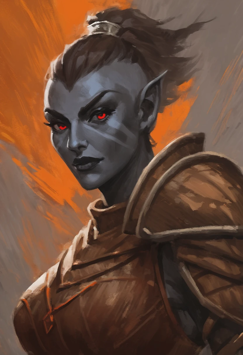 digital painting, painterly \(style\), female dunmer from the Elder Scrolls series, upper body, portrait, short dark hair, red eyes, grey skin, brown leather armor, single pauldron, dynamic shading, expressive brushstrokes, oil on canvas, extremely detailed, light and dark colors,
<lora:Dunmer:1>