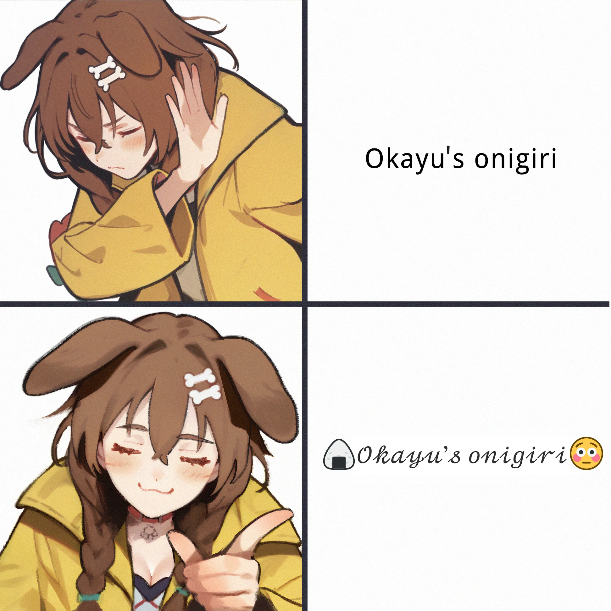 <lora:drakeposting_v01_(ponyDiffusionV6XL)-14:1>, score_9, score_8_up, score_7_up, drakeposting-no, 1girl, upper body, hand up, dog ears, hair between eyes, brown hair, blush, low twin braids, yellow jacket, open jacket,