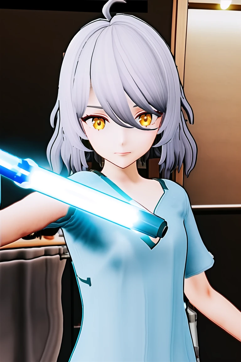 masterpiece,best quality,bathroom,looking at viewer,
<lora:ankaxiya:0.75>,3dstyle,ankaxiya,skin01,1girl,solo,ahoge,bangs,yellow eyes,closed mouth,hair between eyes,shirt,grey hair,dress,holding lightsaber,