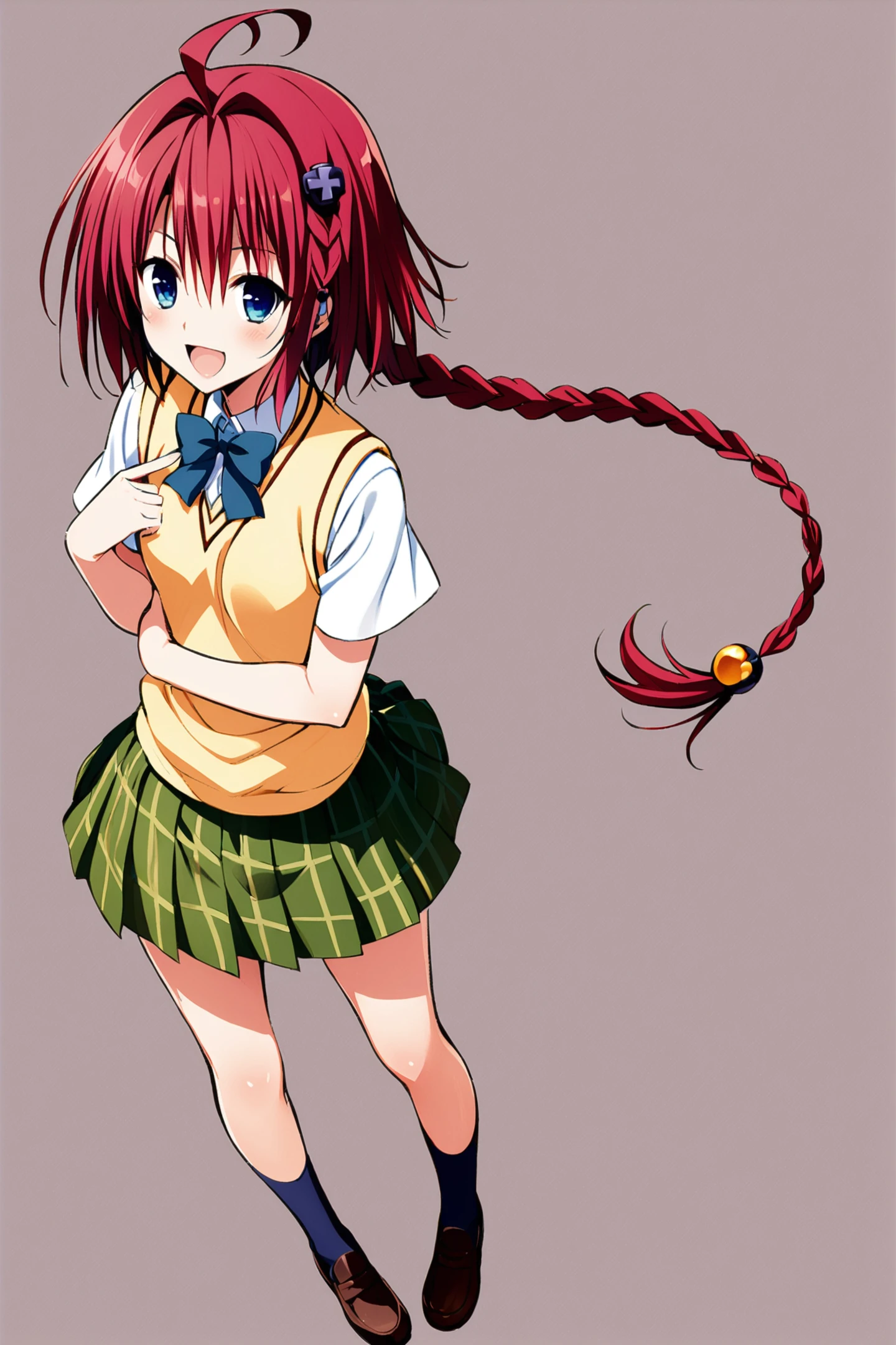 1girl,kurosaki meia,solo,school uniform,blue eyes,braid,skirt,open mouth,red hair,sweater vest,smile,hair ornament,white background,socks,simple background,ahoge,:d,loafers,pleated skirt,shoes,single braid,plaid skirt,looking at viewer,standing,<lora:Yabuki Kentarou_XL_V2:0.8>,