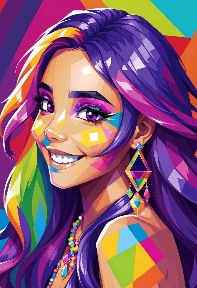 lwpztxxs, solo, smile, purple hair, multicolored hair, colored skin, colorful, 1girl, pop star, latino, long hair, looking at viewer, jewelry, facepaint,  purple eyes, prismatic, low poly, vector art, geometric, vector illustration, flat colors