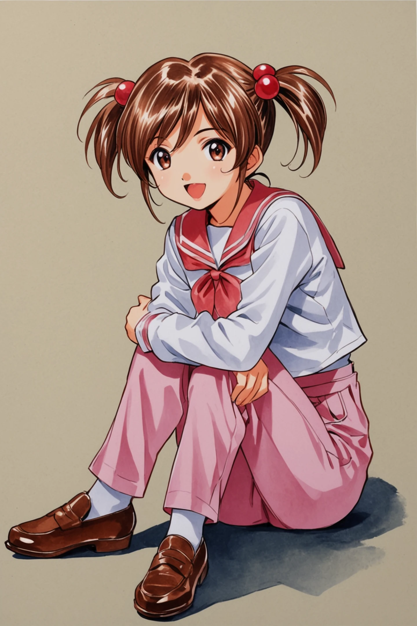 Coquelicot,1girl,solo,smile,twintails,brown eyes,brown hair,short twintails,white shirt,long sleeves,pink pants,sailor collar,brown footwear,sitting,open mouth,traditional media,school uniform,shoes,hands on own knees,hair bobbles,hair ornament,full body,short hair,looking at viewer,serafuku,:d,shadow,pants,shirt,socks,simple background,bow,<lora:Sakura Wars_XL_V2.1:0.8>,