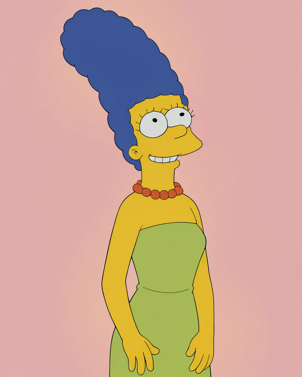 score_9, score_8_up, score_7_up, zPDXL,  four fingers, circle eyes, overbite, dot pupil, source_cartoon, theSimpsonsstyle,  yellow skin,Marge Simpson, blue hair, green dress, beehive hairdo, smiling<lora:The_Simpsons_style:1>