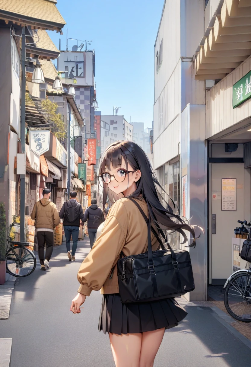 masterpiece, best quality, very aesthetic, absurdres,
1girl, solo, glasses, black hair, long hair, jacket, skirt, black bag, smile, looking at viewer, solo focus,
uguisudani_kitaguchi, storefront, scenery, bicycle, real world location, outdoors, street, road, sky, day, city, building, multiple boys, blue sky, 6+boys, sign, walking, lamppost
<lora:uguisudani_kita_SDXL_V2:1>