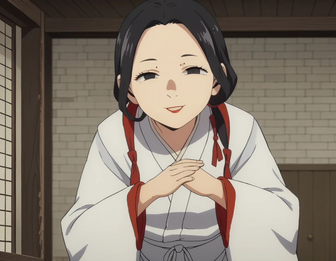 score_9, score_8_up, score_7_up, source_anime,
maizuru, <lora:maizuri-s1-ponyxl-lora-nochekaiser:1>,
maizuru, black hair, black eyes, long hair, low-tied ponytail, forehead, makeup, lipstick, red lips,
japanese clothes, wings, wide sleeves,
indoors, dojo, bent over, smile,
looking at viewer, solo, cowboy shot, dutch angle,