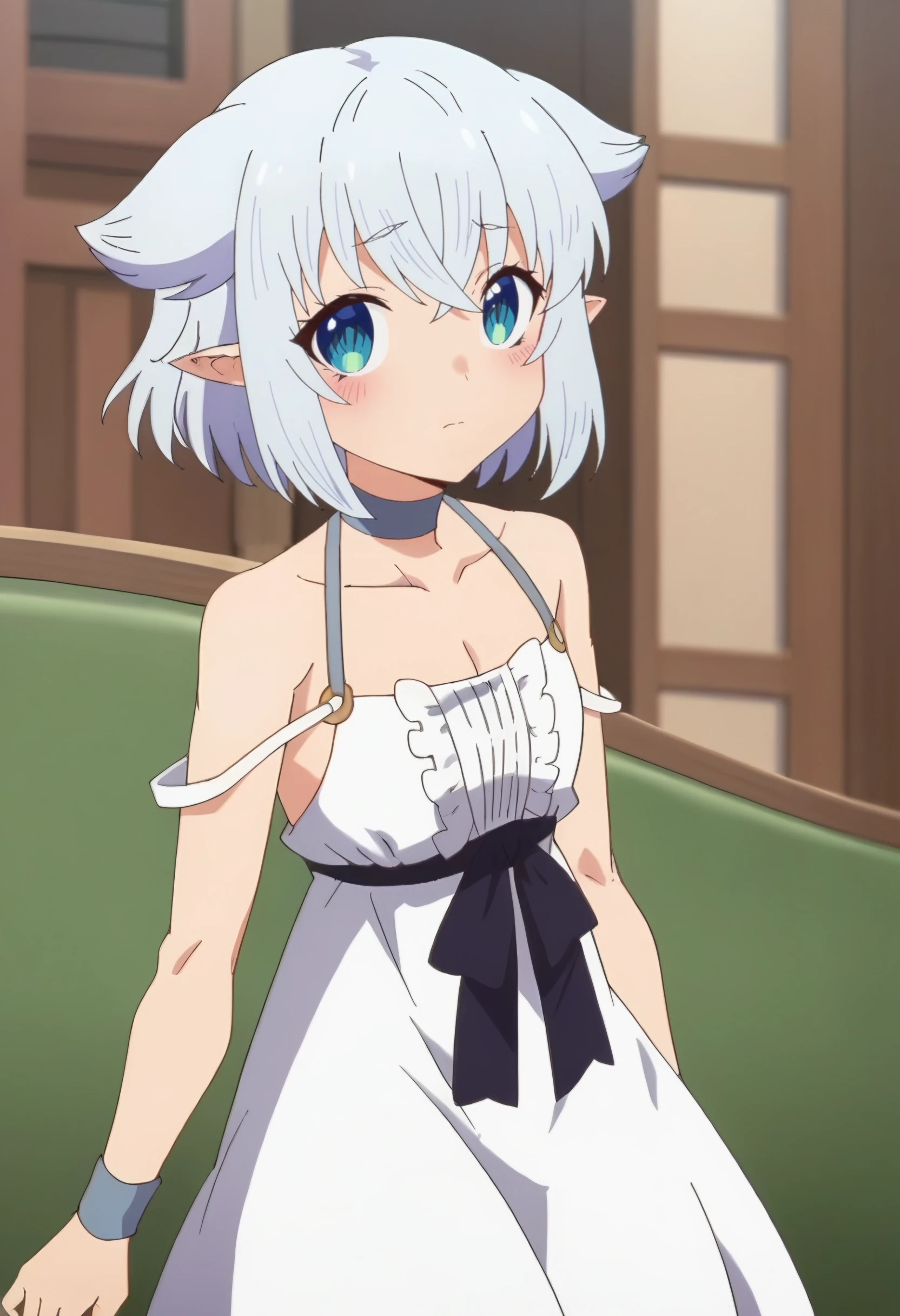 <lora:Fenrys2:1> FenrysXS, 1girl, solo, blush, short_hair, blue_eyes , white_hair, pointy_ears, hair_flaps, flat chest, , choker, white_dress, cleavage, bare_shoulders, looking at viewer, cowboy shot, score_9, score_8_up, score_7_up, , anime coloring ,BREAK source_anime, anime