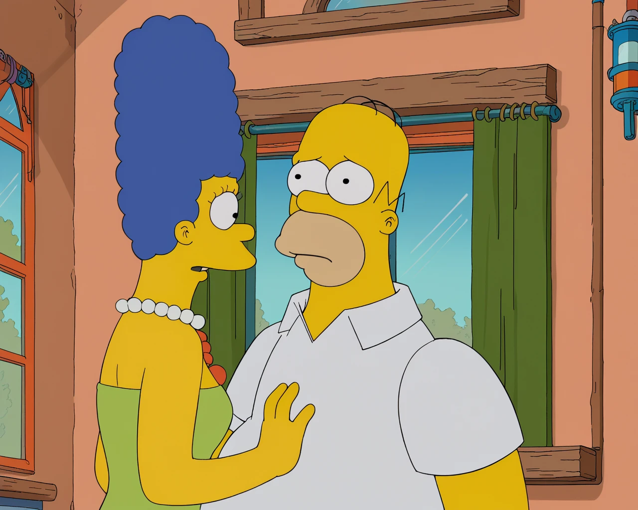 score_9, score_8_up, score_7_up, zPDXL, four fingers, circle eyes, overbite, dot pupil, source_cartoon, theSimpsonsstyle, 1girl, 1boy, jewelry, blue hair, necklace, window, colored skin, pearl necklace, afro, yellow skin, Marge Simpson, beehive hairdo, Homer Simpson, balding, beard stubble, white shirt, green dress  <lora:The_Simpsons_style:1>