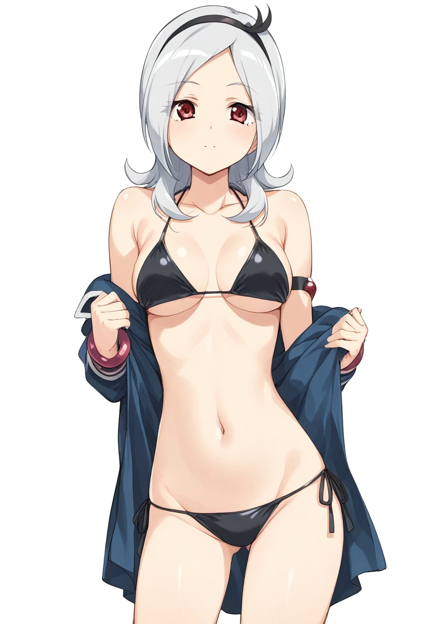 <lora:éæ-000011:1>,frostnova, 1girl, breasts, animal ears, swimsuit, solo, bikini, navel, grey eyes, jacket, rabbit ears, hair over one eye, open clothes, white hair, looking at viewer, bare shoulders, off shoulder, open jacket, long hair, stomach, black choker, cowboy shot, choker, white bikini, white jacket, hair ornament, cleavage, thighs, armband, standing, black bikini, long sleeves, side-tie bikini bottom, hairclip, large breasts, bangs, bird, medium breasts, ass visible through thighs, character name, animal ear fluff, scar, highleg, scar on nose, highleg bikini, 1girl,
,  (masterpiece,best quality:1.2),absurdres