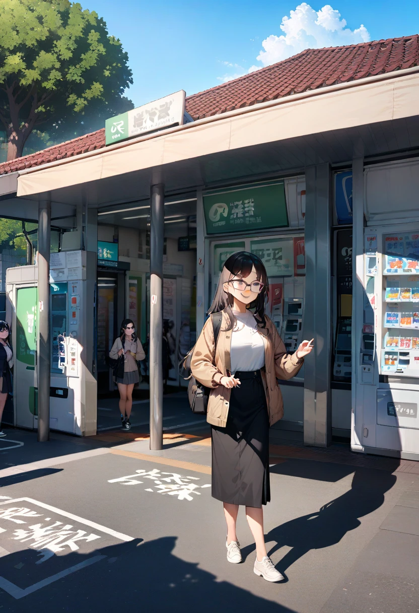 masterpiece, best quality, very aesthetic, absurdres,
1girl, solo, glasses, black hair, long hair, jacket, skirt, black bag, smile, looking at viewer, solo focus,
uguisudani, storefront, vending machine, scenery, outdoors, tree, sky, blue sky, day, building, sign, shadow, real world location
<lora:uguisudani_minami_SDXL_V2:1>