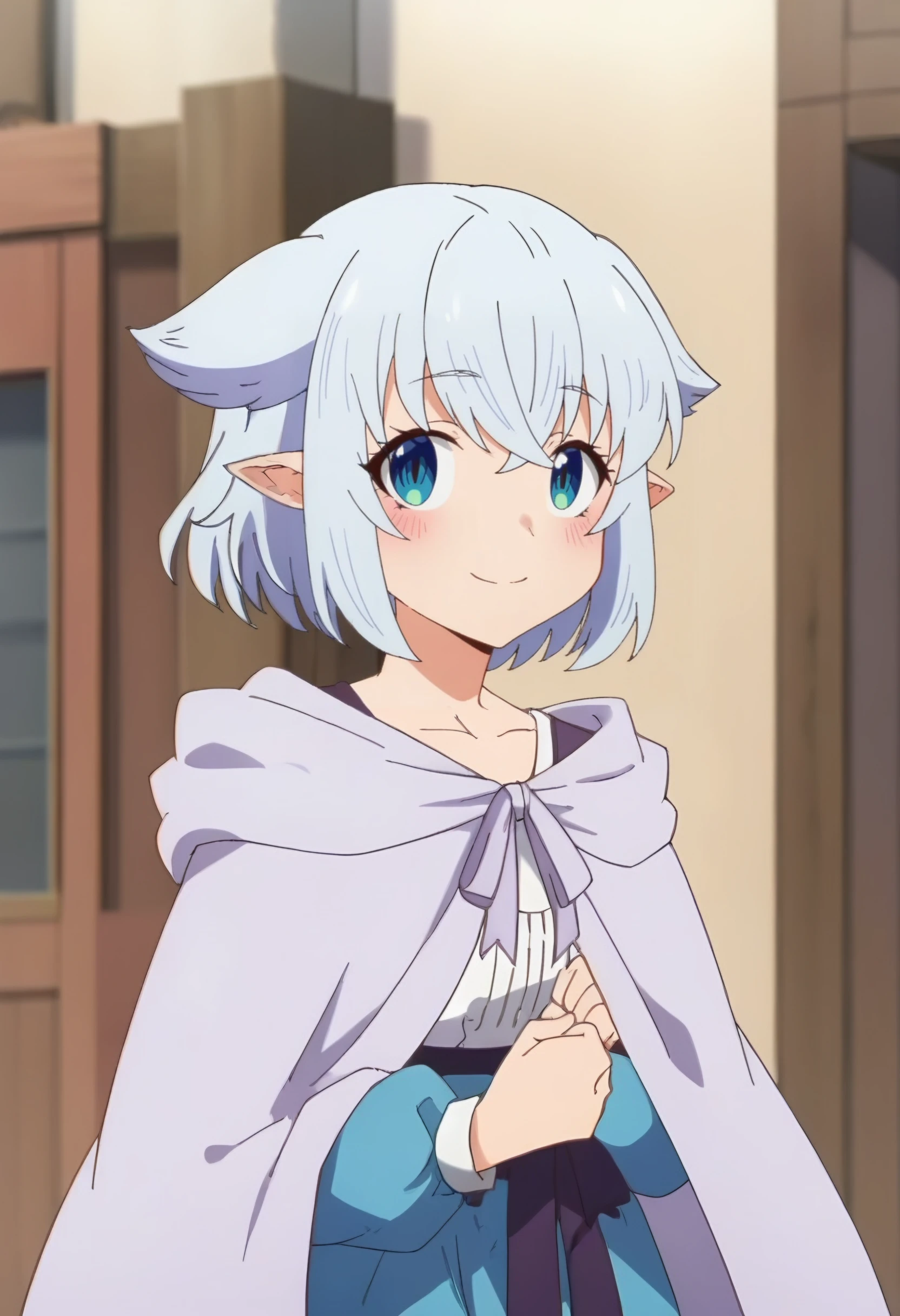 <lora:Fenrys2in1:1> FenrysXS, 1girl, solo, blush, short_hair, blue_eyes , white_hair, pointy_ears, hair_flaps, , cloak, long_sleeves, looking at viewer, cowboy shot, smile, score_9, score_8_up, score_7_up, , anime coloring ,BREAK source_anime, anime