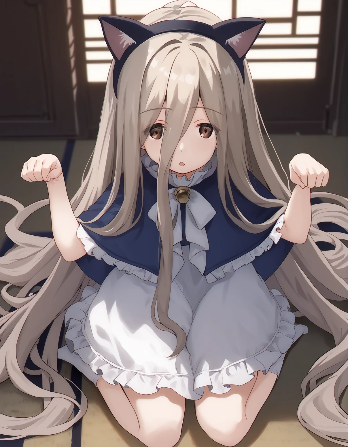 score_9,score_8_up,score_7_up, a girl on the floor, open mouth, paw pose, fake cat ears
<lora:ookamiuo_style_pony6_v1-000018:1> <lora:sense_sousou no frieren_PONY_last:0.6> sense \(sousou no frieren\),brown eyes,very long hair,absurdly long hair,hair between eyes,eyes visible through hair, blue capelet,frilled dress,white long dress