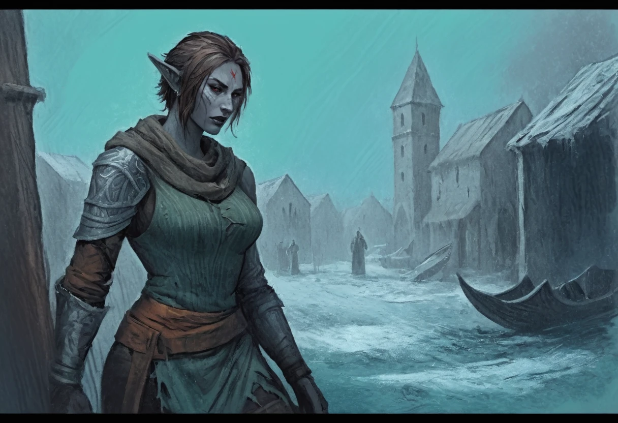 Digital painting, painterly \(style\), beautiful Female Dunmer refugee, solo, grey skin, messy short hair, ragged robes, torn clothing, dynamic composition, medieval fantasy docks, cold, Windhelm \(Skryim\), extremely detailed, atmospheric, expressive brushstrokes, bold lines, vignette, cool color palette, shading, oil on canvas, thick lines, masterpiece, detailed facial features,
 <lora:Dunmer:1>