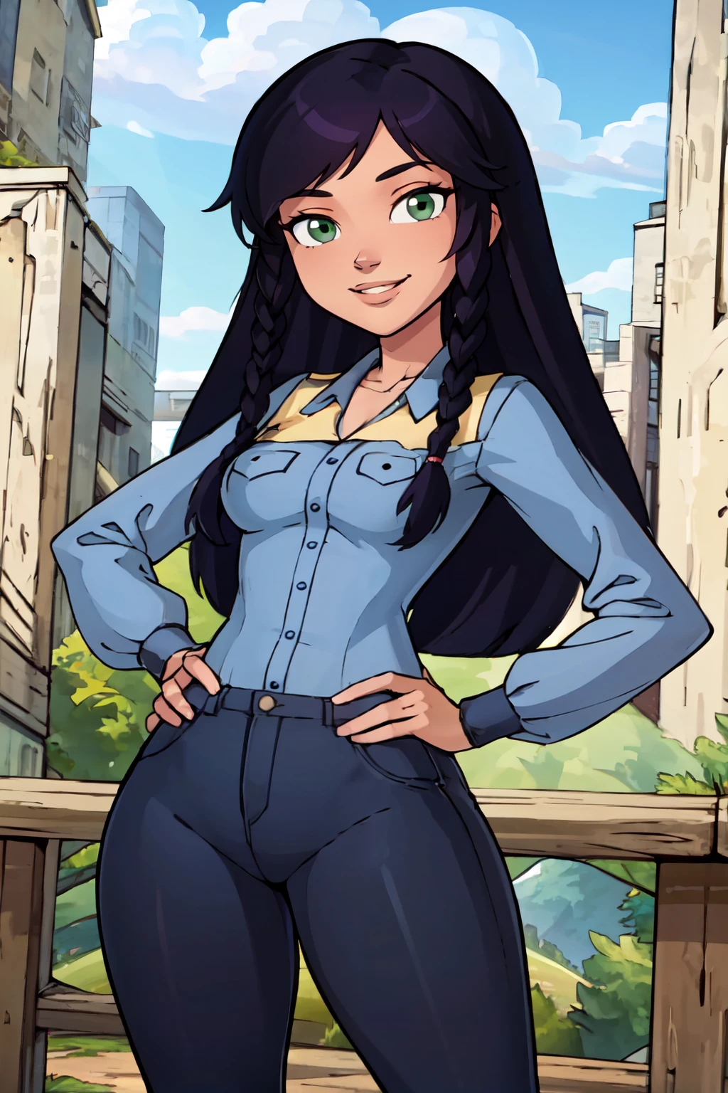 ((masterpiece,best quality)), absurdres, <lora:Nani_Cloud:0.7>, zzNaniCloud, green eyes, blue shirt, hands on hips, curvy, medium breasts, wide hips, solo, smile, looking at viewer, cowboy shot,