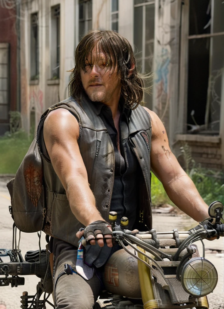 cinematic still of TWDDaryl, riding TWDDDBike, weathered vest with faded dirty wings painted on back, looking over shoulder, scruffy beard, dirty hair, abandoned buildings, dirty street, hyperdetailed, shallow depth of field, f1.4, <lora:TWDDaryl:0.7> <lora:TWDDDBike:0.7>