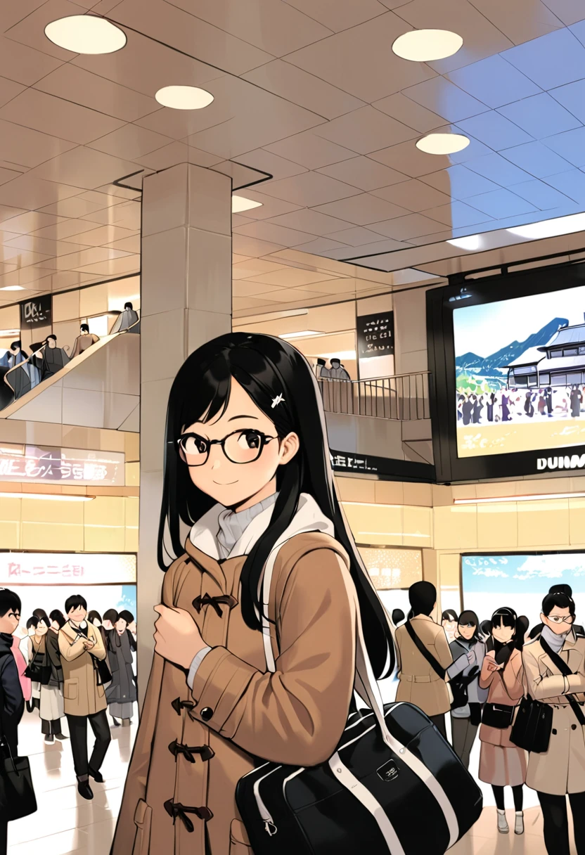 1girl, solo, glasses, black hair, long hair, duffle coat, black bag, smile, looking at viewer, solo focus,
umedabm, scenery, multiple girls, bag, crowd, 6+girls, multiple boys, black hair, real world location, long hair, 6+boys, indoors, ceiling, ceiling light
masterpiece, best quality, 
<lora:col_xl:0.6> <lora:umeda_bigman_SDXL_V1:1>