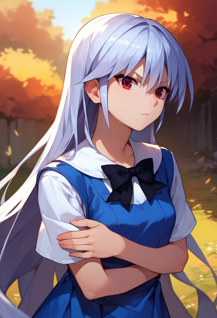 score_9, score_8_up, score_7_up, 1girl, Kazuki, silver hair, long hair, red eyes, white shirt, blue dress, black bow, crossed arms, outdoors, front view, <lora:Kazuki Dora V2-000008:1>