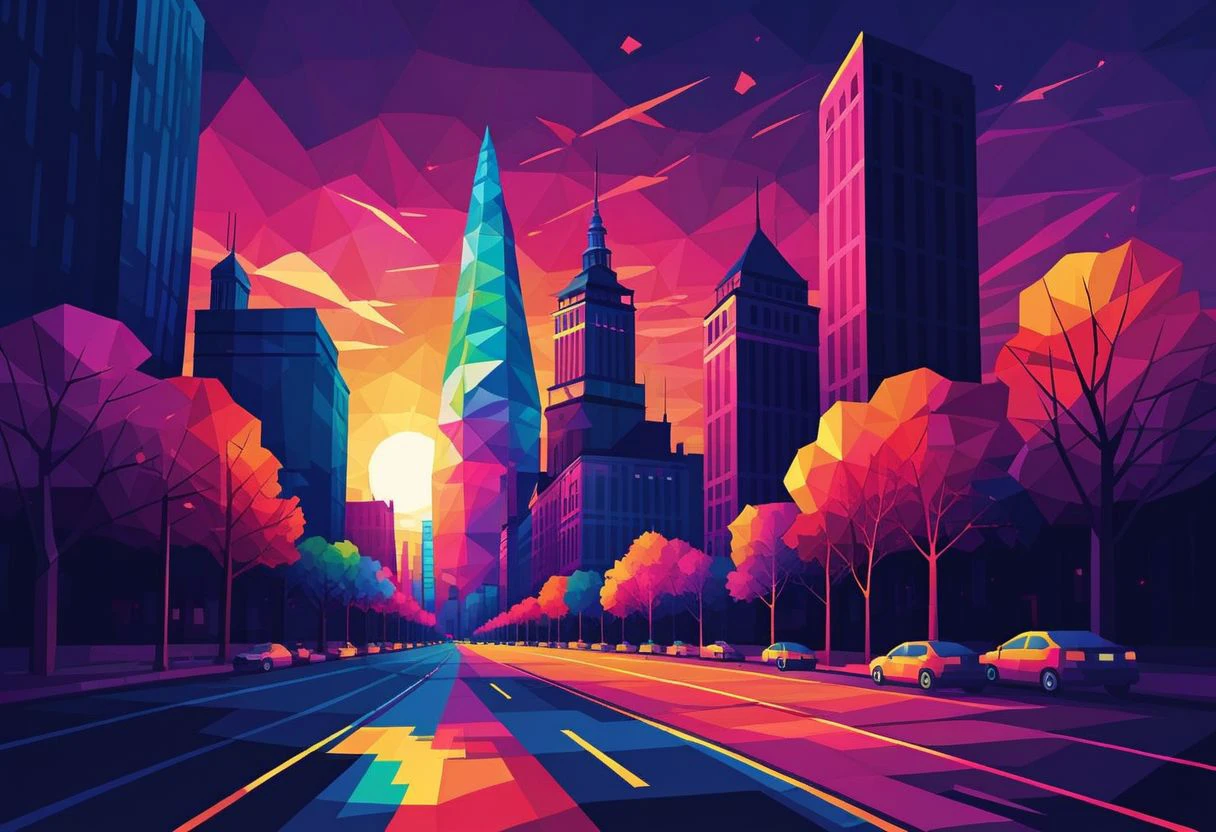 lwpztxxs, no humans, building, scenery, outdoors, tree, city, road, skyscraper, cityscape, sunset, sky, prismatic, low poly, vector art, geometric, vector illustration, flat colors