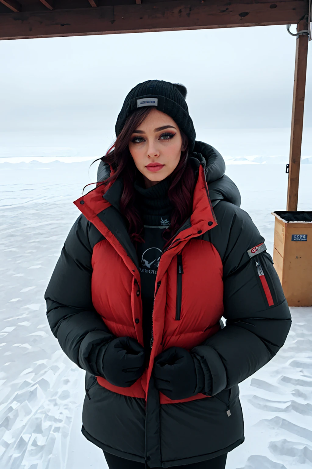 A sexy woman, detailed scene , street photography, girl, lipliner, eyeliner, long icy hair, brown hair, 1girl, posing for camera, (wearing a small black choker, wearing sexy makeup and black eyeliner),
high quality, high resolution, photography, realistic, inside a walk in freezer, extreme cold, freezing cold, shivering, snow, frost, indoors in industrial freezer warehouse, covered in snow, inside, indoors, (arctic expedition puffy down jacket, massive puffy down jacket, extreme cold weather parka, sweater:1.1), (blush:1.1), (goosebumps:1.5), subsurface scattering  <lora:Round_Breasts_V7:1> <lora:Down_Jacket_-_Rab_Expedition_Parka:0.8>