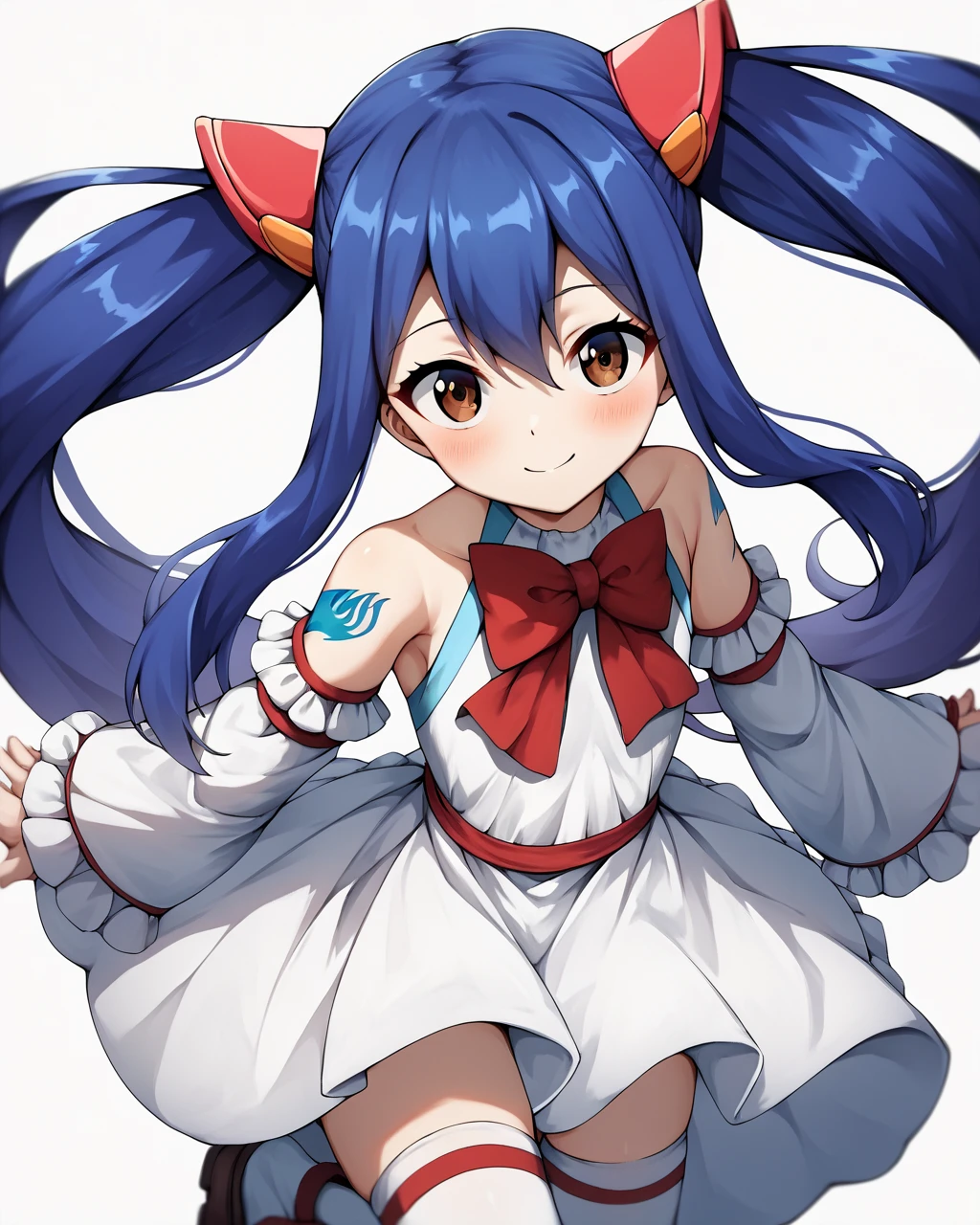 score_9, score_8_up, score_7_up, score_6_up, score_5_up, score_4_up, BREAK source_anime,
<lora:Wendy_Marvell_PONY:1>,Wendy Marvell, 1girl, solo, blue hair, long hair,twintails,hair between eyes,brown eyes,hair ornament,detached sleeves, red bowtie, white thighhighs, frills, white dress, bare shoulders, long sleeves,tattoo,smile