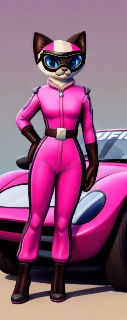 <lora:meowmotors_girls:0.7>
solo, 1girl, masterpiece,
sue, cat, siamese cat, blue eyes,
pink suit, pink helmet, googles,
standing at old racing car,
posing,