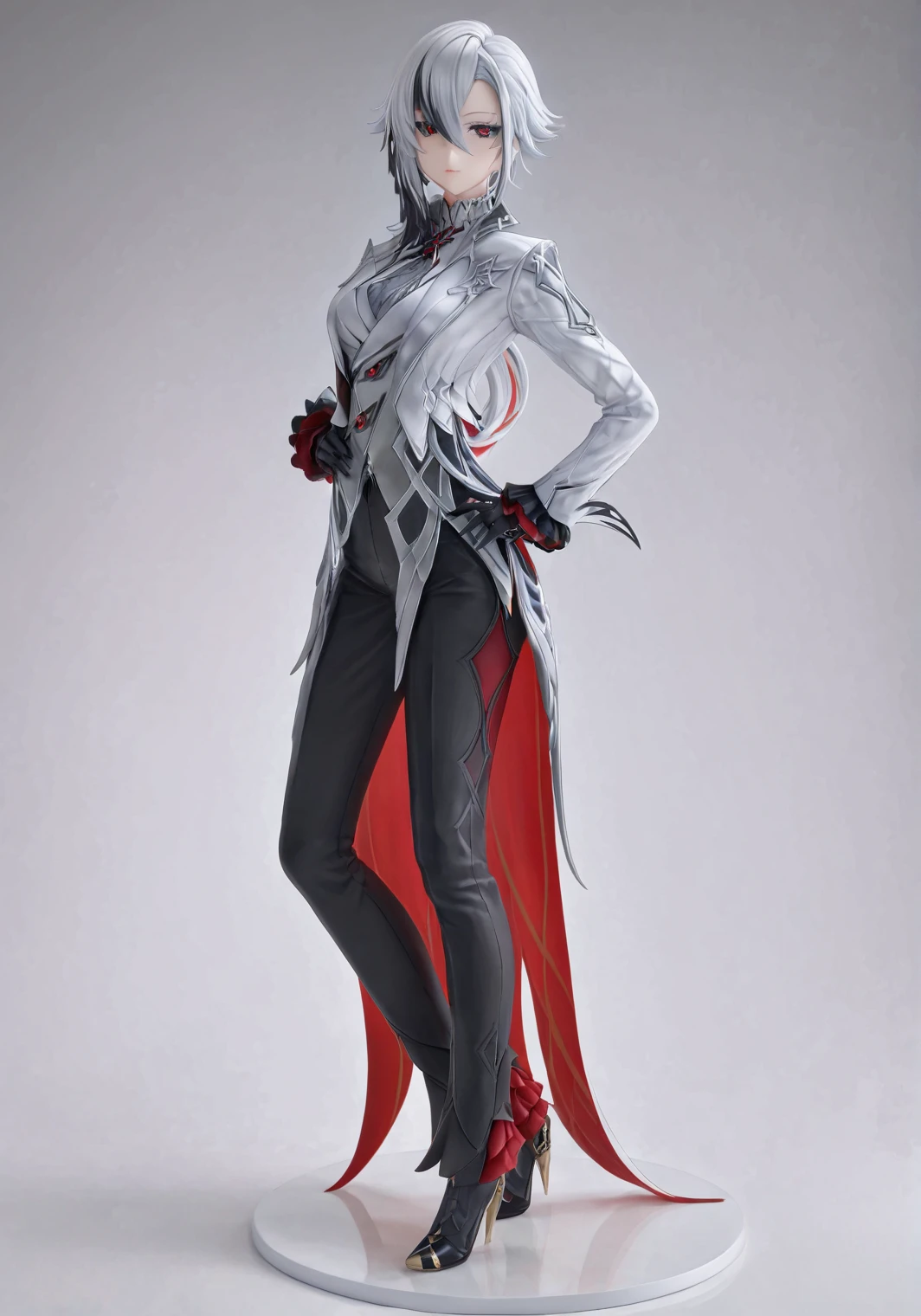 score_9, score_8_up, score_7_up, score_6_up, 8k,
8k, best quality, masterpiece, (ultra-detailed), (high detailed skin), white background, simple background,
(full body), (white background), standing, looking at viewer, (solo), hand on hip,
<lora:Arlecchino-kohaku-Tanger:0.8>, Arlecchino, def clothes, 1girl, x-shaped pupils, red pupils, black gloves, pants, symbol-shaped pupils, multicolored hair, black hair, white hair,
beautiful_face, intricate_detail, clear face,
finely_detailed, fine_fabric_emphasis,
full_shot, <lora:xl_figure style(kohaku_Delta)6:0.8>, figure style, photorealistic, photo \(medium\),