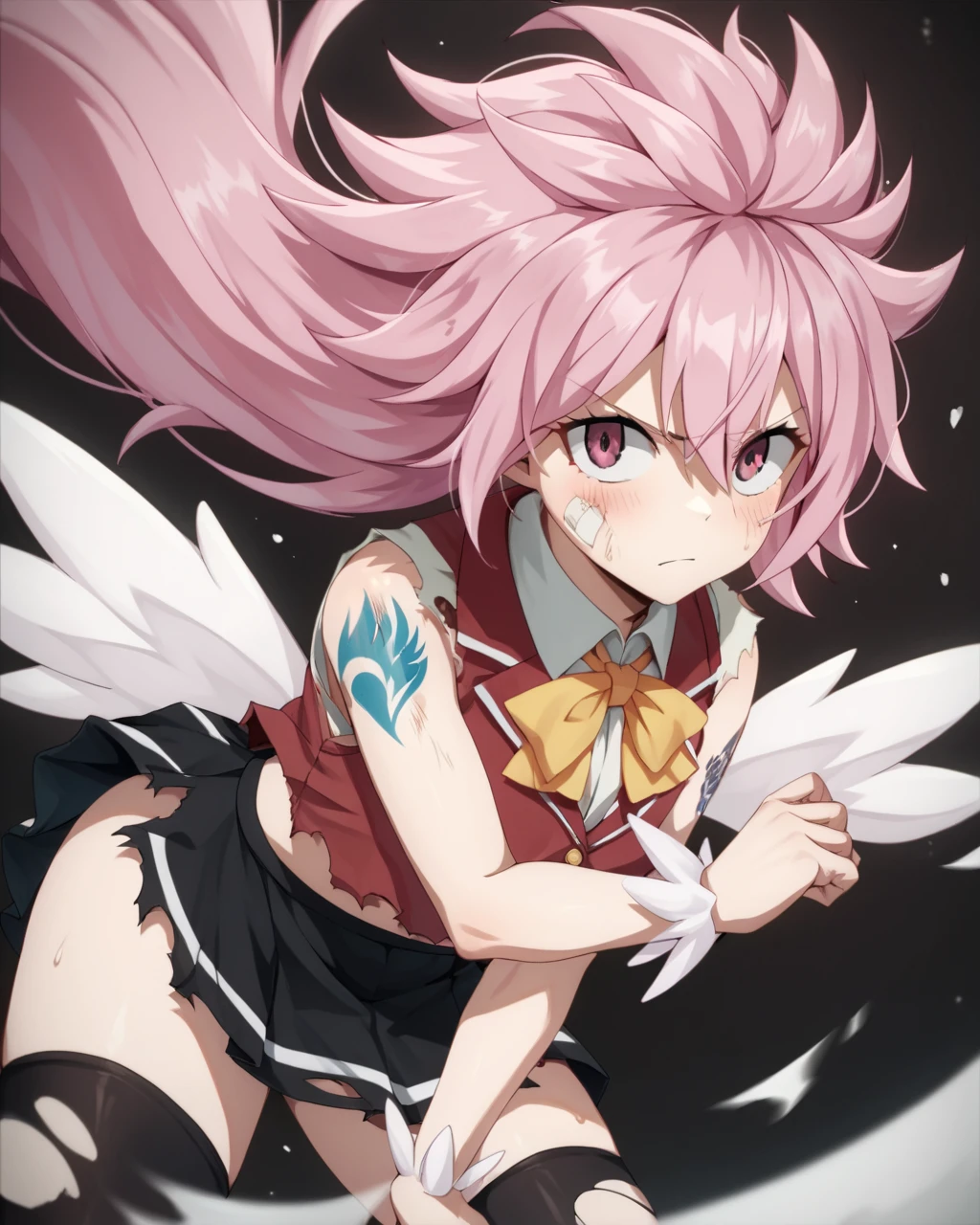 score_9, score_8_up, score_7_up, score_6_up, score_5_up, score_4_up, BREAK source_anime,
<lora:Wendy_Marvell_dragon_force_PONY:1>,Wendy Marvell, 1girl, solo, long hair,pink eyes, pink hair,spiked hair,torn clothes,White wings,thighhighs,tattoo,red jacket,black skirt,sleeveless,yellow bowtie,