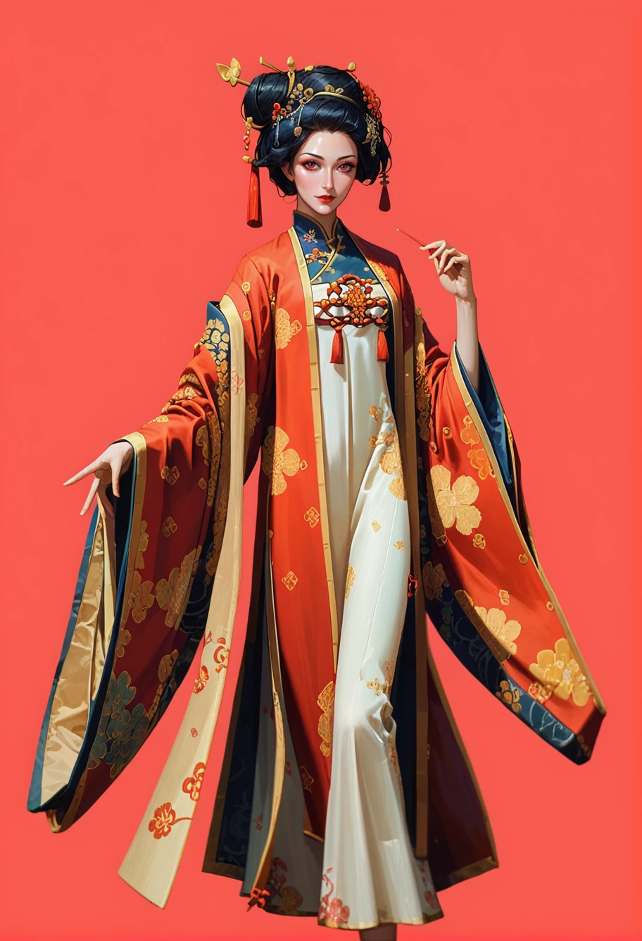 (score_9, score_8_up:1.1),score_7_up,1girl,solo,red background,cowboy shot,,ruanyi0521,chinese clothes,hanfu,robe,wide sleeves,shawl,<lora:0521 Chang'an Yimeng_v1_pony:0.9>