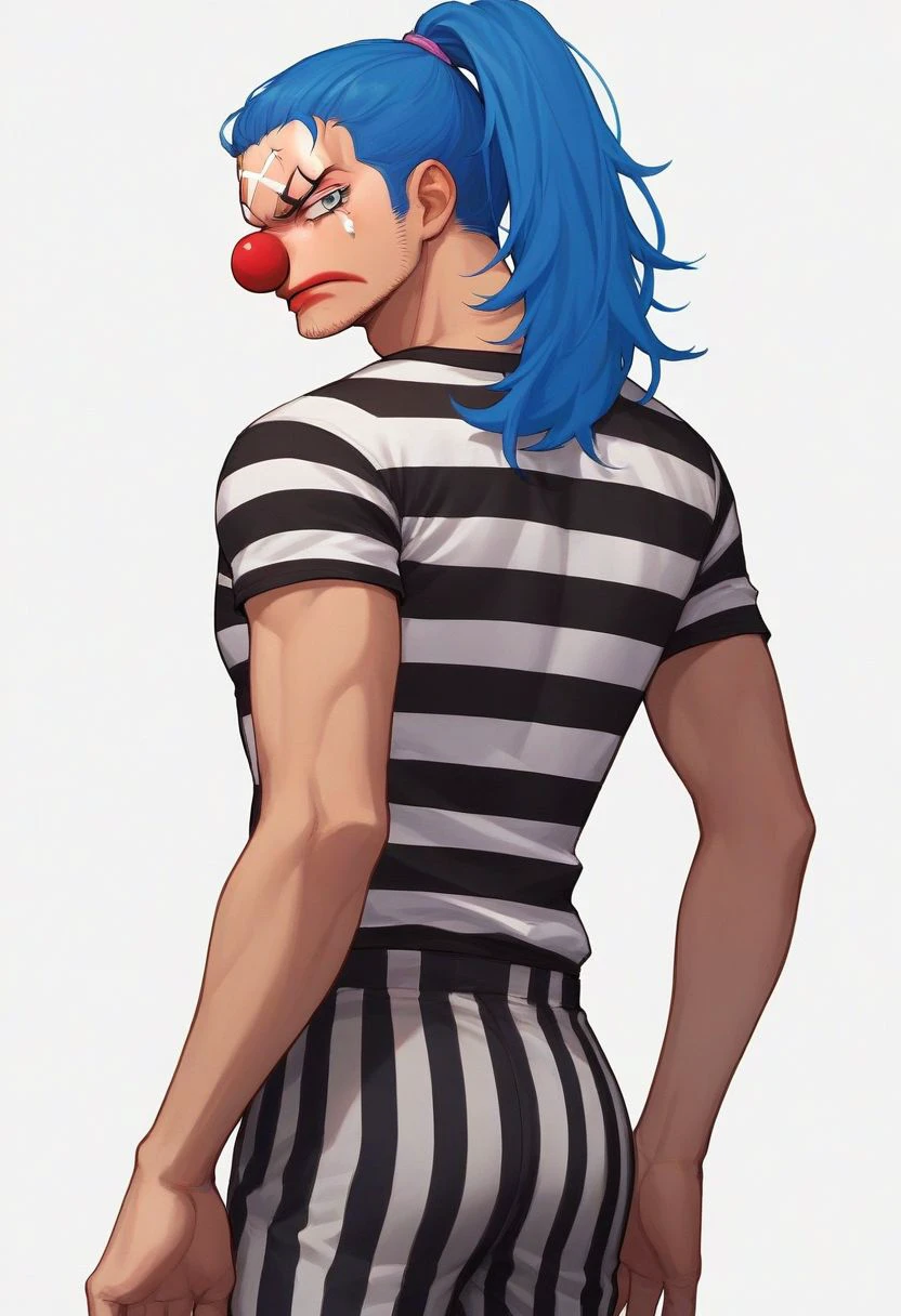 score_9, score_8_up, score_7_up, source_anime, solo, 1boy, Buggy, blue hair, gray eyes, ponytail, clown nose, clown makeup, prisoner outfit, black and white striped shirt, black and white striped pants, annoyed, arms down at sides, pectorals, man, portrait, close up, standing, white background, looking back at viewer, firm ass, perfecteyes