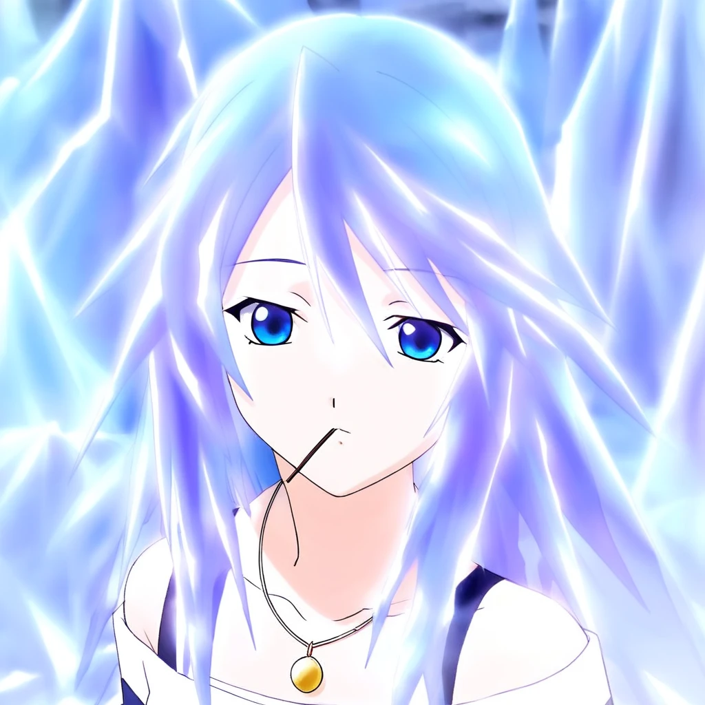 Mizore Shirayuki, MizoreShirayuki, ice_hime, 1girl, solo, long hair, looking at viewer, blue eyes, lollipop, hair made with ice, ice hair, lollipop in mouth, jewelry, blue hair, collarbone, necklace, pocky