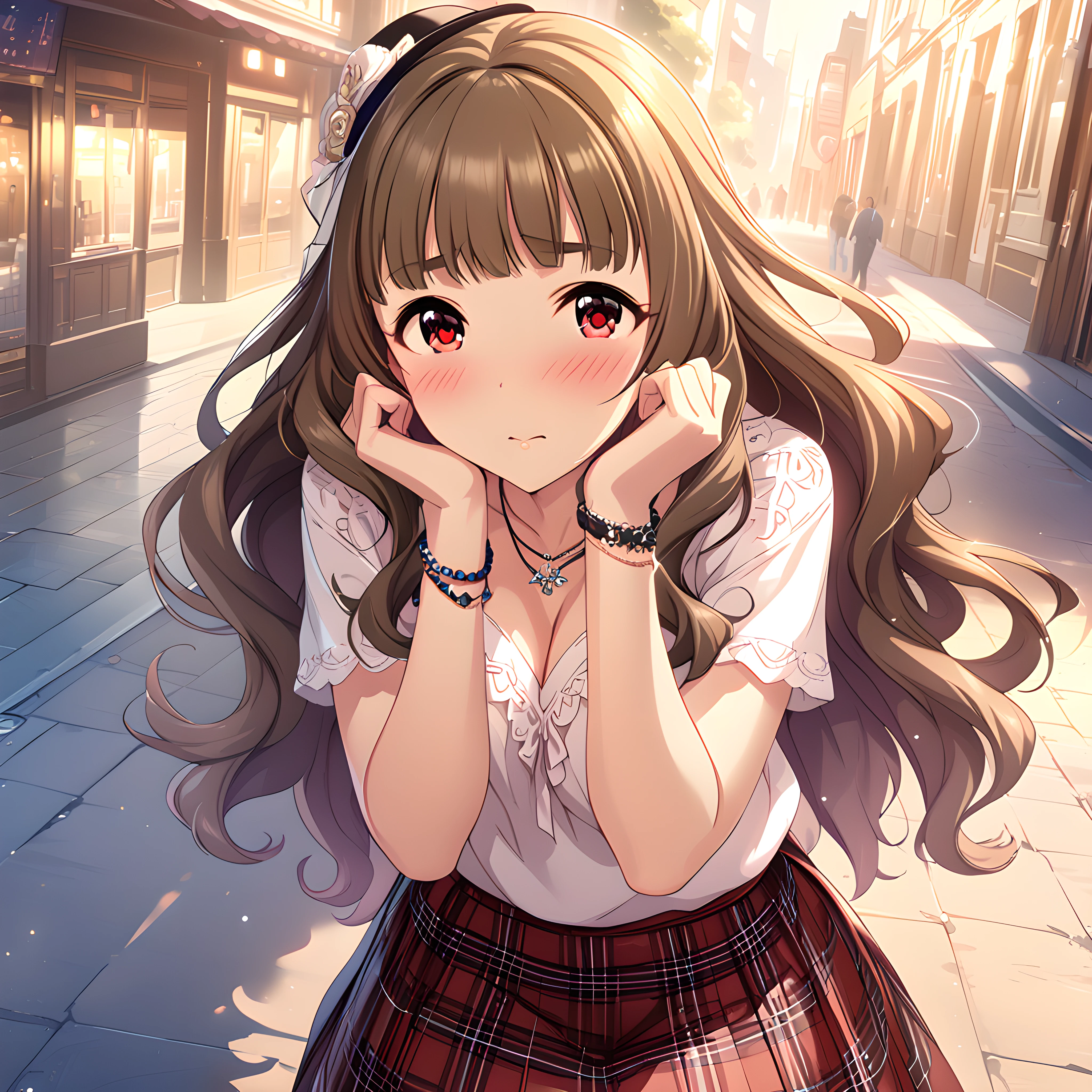 (masterpiece),(best quality),(ultra-detailed),(best illustration),(best shadow),(absurdres),(detailed background),(very aesthetic), nao kamiya, 1girl, red eyes, long hair, jewelry, brown hair, hat, skirt, solo, blush, necklace, casualoutfit<lora:Nao_Kamiya:1>