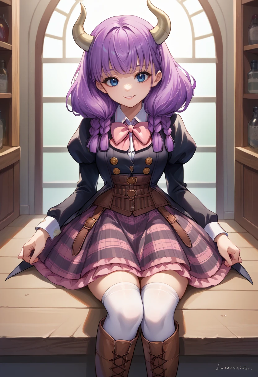 score_9, score_8_up, score_7_up, source_anime, 1girl, solo, smile, LudobicoUniformCoat, pink bowtie, waistcoat, black vest, buttons, coattails, long sleeves, puffy sleeves, corset, plaid skirt, frilled skirt, white thighhighs, knee boots, <lora:ChamLudobicoUniformPonyXL-000003:1>, <lora:ChamAuraPonyXL:1> AuraFrieren, purple hair, blue eyes, horns, long hair, twin braids