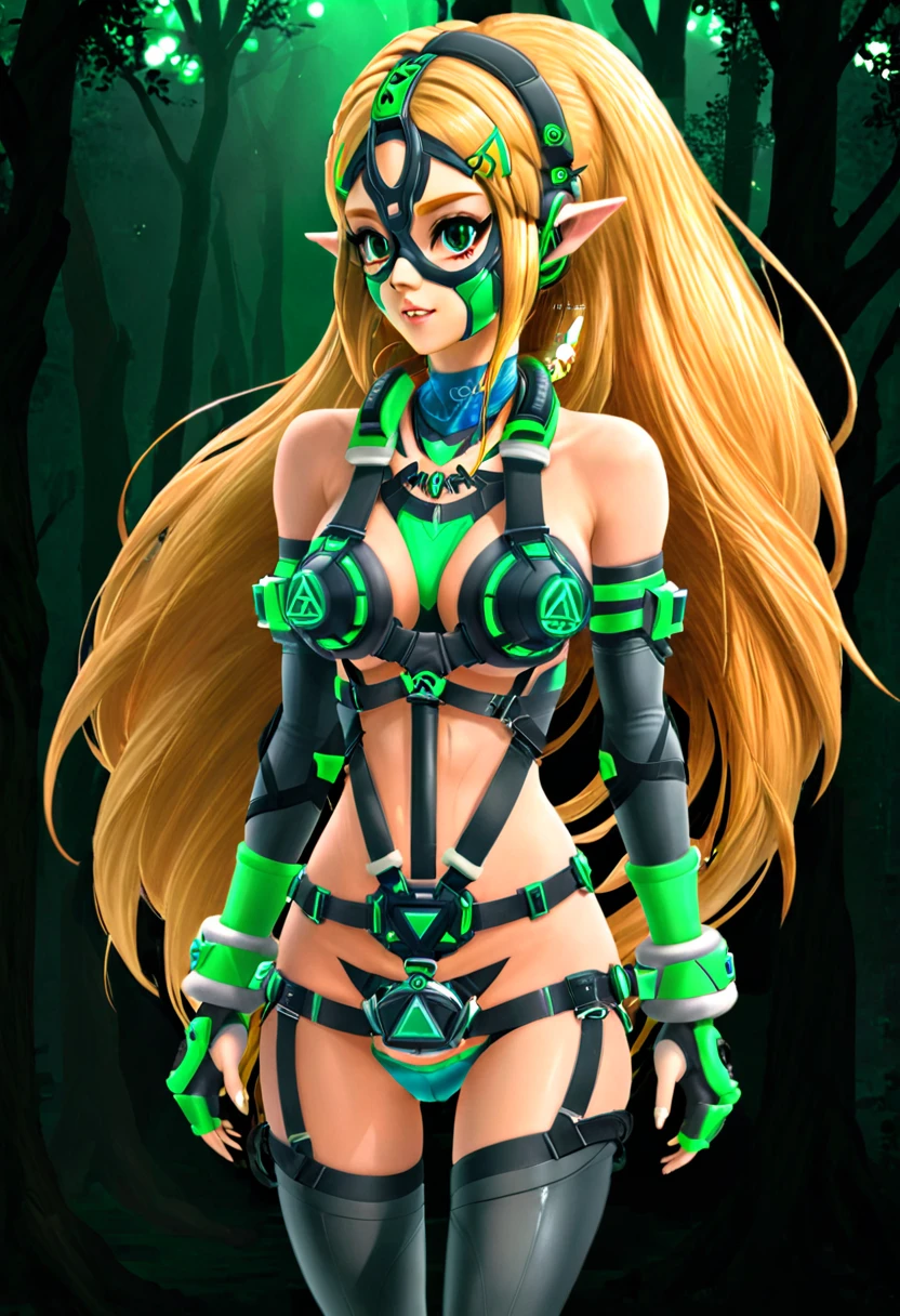 (masterpiece, best quality, ultra_detailed, highres, absurdres:1.2), 1girl, speakini <lora:speakini_xl_v6_green-000009:0.9> green theme, <lora:princess_zelda_xl_v2:0.8> Zelda, long blonde hair, (light smile:0.3), (mask:1.35), bare shoulders, wristbands, dark gray elbow gloves, dark gray thighhighs, fingerless elbow gloves, toeless legwear, underboob, choker, harness, headphones, vibrator, cables, standing, looking at viewer, solo, alone, mystical forest, ancient shrine in the background, by night, futuristic, sci-fi, movie still, (ultrahigh resolution textures), (dim green lighting:0.75)