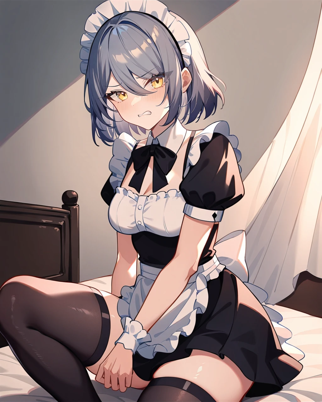 NSFW,vulgarity,,pretty girl,Maid clothes,Silver Short Hair,White Over Knee Socks,,folded,,Spread your legs,,cleavage cutout,,,Grabbing the waist from behind,,Tied up with hands behind back,Put your hands behind your back,top-down bottom-up,Wear a chain collar,anal,cum on clothes,clothed sex,mmf threesome,fellatio