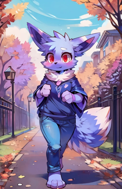 (<lora:Nox_Palworld:1> nox (pal), periwinkle fur, chest crystal, red eyes, female),(poncho, ),(pizademokttero,),anthro,(jeans, ),(t-shirt:1.1),jogging,autumn,quiet neighborhood,paws,