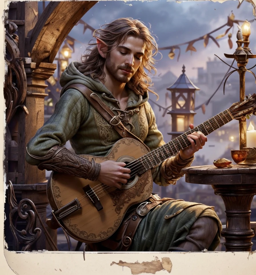 Generate a photorealistic image of a handsomely attired musician, adorned in medieval garments with selective purple tones, captivatingly performing in a rustic tavern setting. Illuminate the scene with natural light to evoke an authentic ambiance. Emphasize intricate details that showcase the musician's charisma and skill, while highlighting the tavern's historical charm, all combining to create a vibrant and enchanting atmosphere.