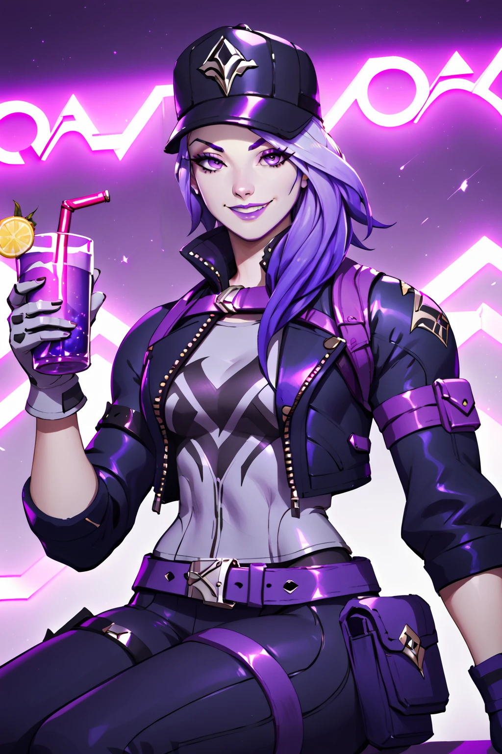 score_9, score_8_up, score_7_up, masterpiece, high quality
<lora:RubyRemedyToxinPonyLora:0.8>purprem, long hair, purple hair, hat, black cap, jacket, shirt, armlet, gloves, belt, pants, thigh holster, portrait, in a dark club, neon lights, smile, purple theme, sitting, holding a drink